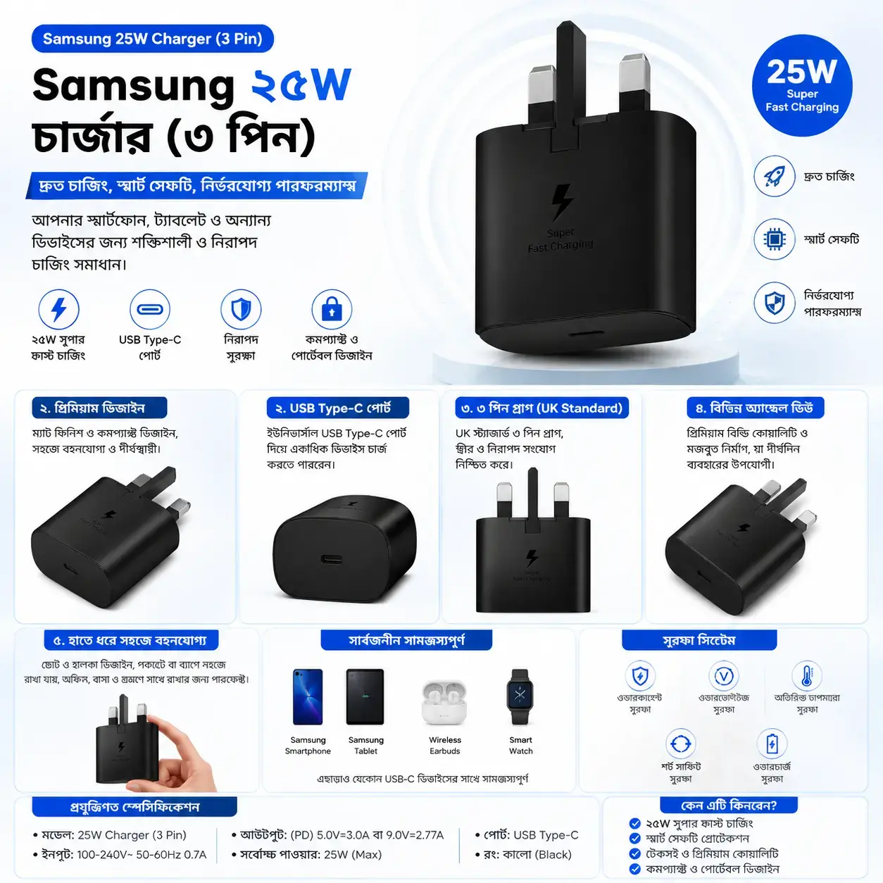 Samsung 25W Original Super Fast Charging 3 Pin Adapter | USB-C PD Charger 5