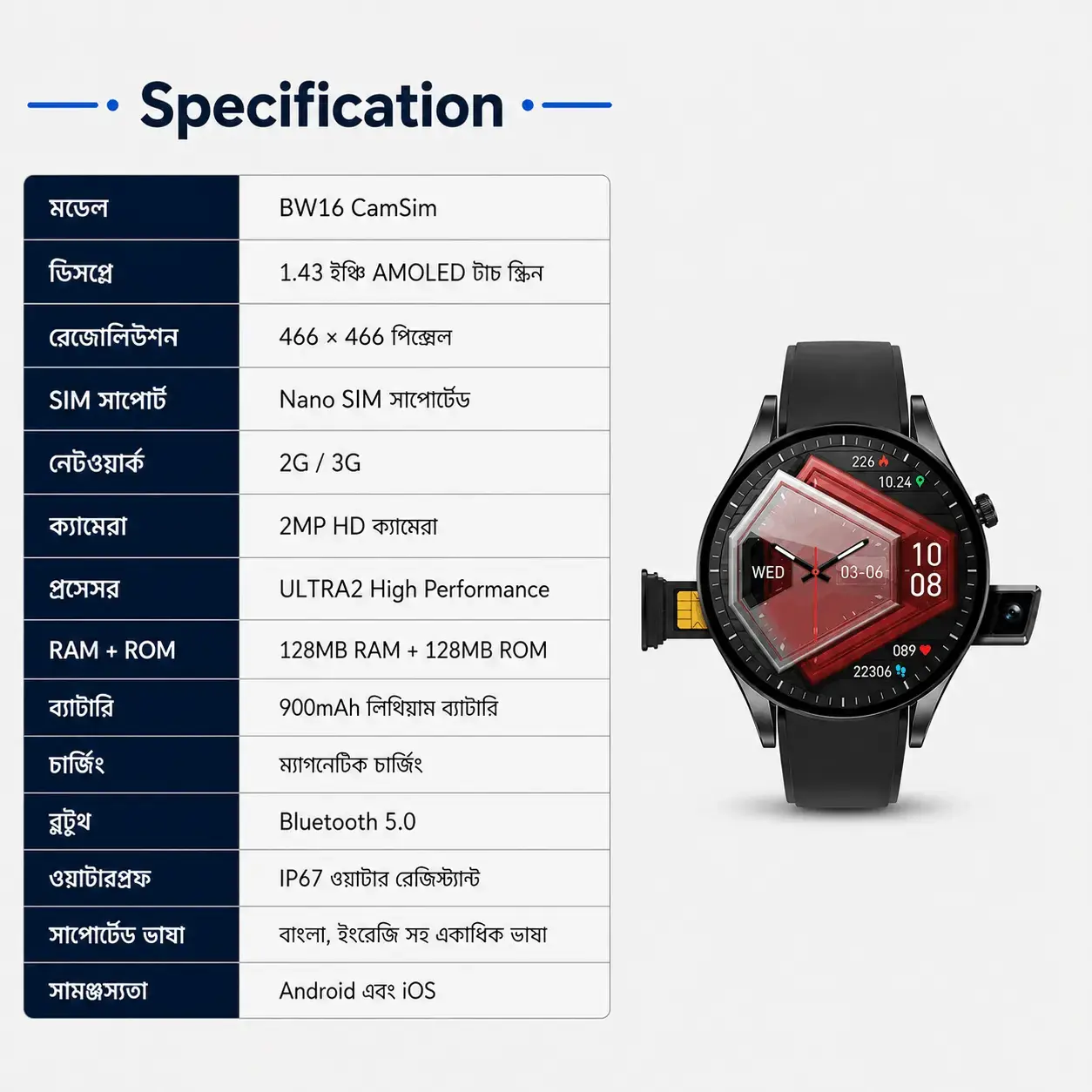 BW16 CamSim Watch SIM Support Smartwatch with Camera, Bluetooth Calling &  Sports Mode 3