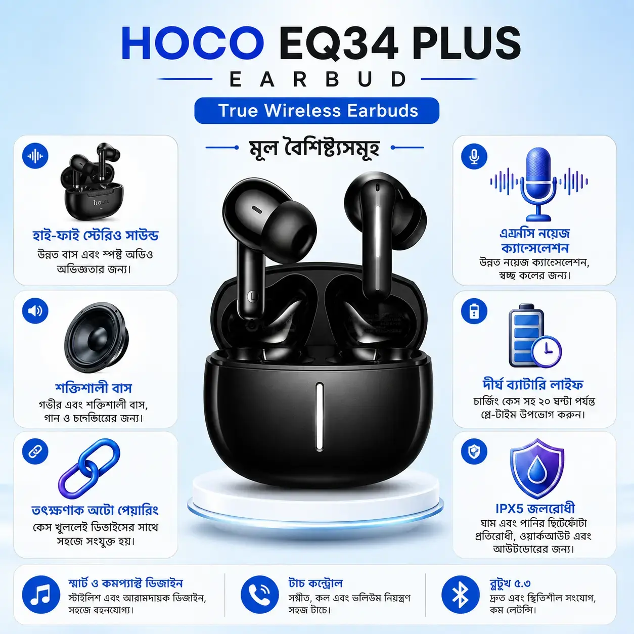 Hoco EQ34 Plus Bluetooth 5.4 TWS Wireless Earbuds with ENC Noise Reduction, HD Mic & Type-C Charging 3