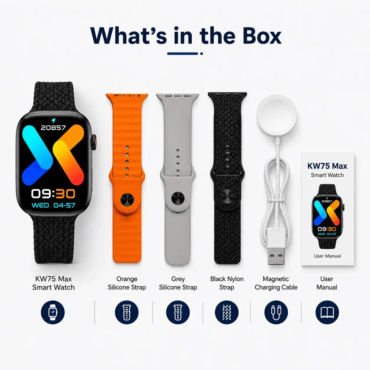 KEQIWEAR KW75 Max BT Calling Smart Watch with 3 Straps | Full HD Touch Display | Wireless Charging | Long Battery Backup Smartwatch 5