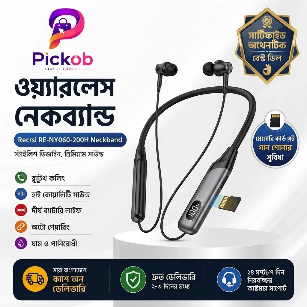 Recrsi RE-NY060-200H Wireless Bluetooth Neckband with High-Quality Sound, Bass Boost & Comfortable Fit