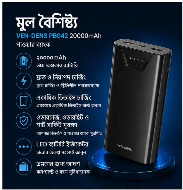 VEN-DENS VD-PB042 20000mAh Fast Charging Power Bank with Dual USB Output & Type-C Input Portable Charger 4