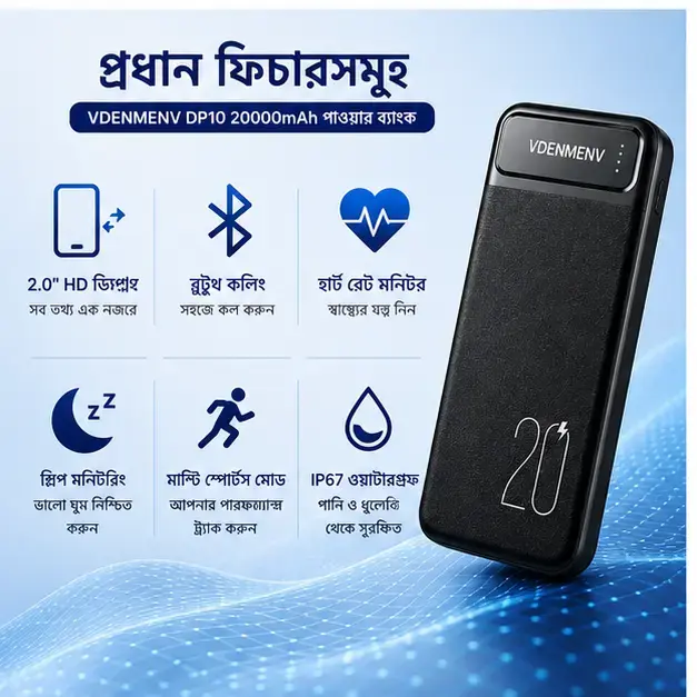 VDENMEN V-DP10 20000mAh Fast Charging Power Bank with Dual USB Output, Type-C Input & LED Digital Display 4
