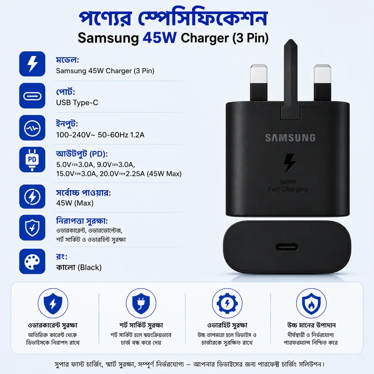 Samsung 45W Super Fast Charging 2.0 USB-C Power Adapter (3-Pin) PD PPS Fast Charger for Galaxy Phones, Tablets & USB-C Devices 3