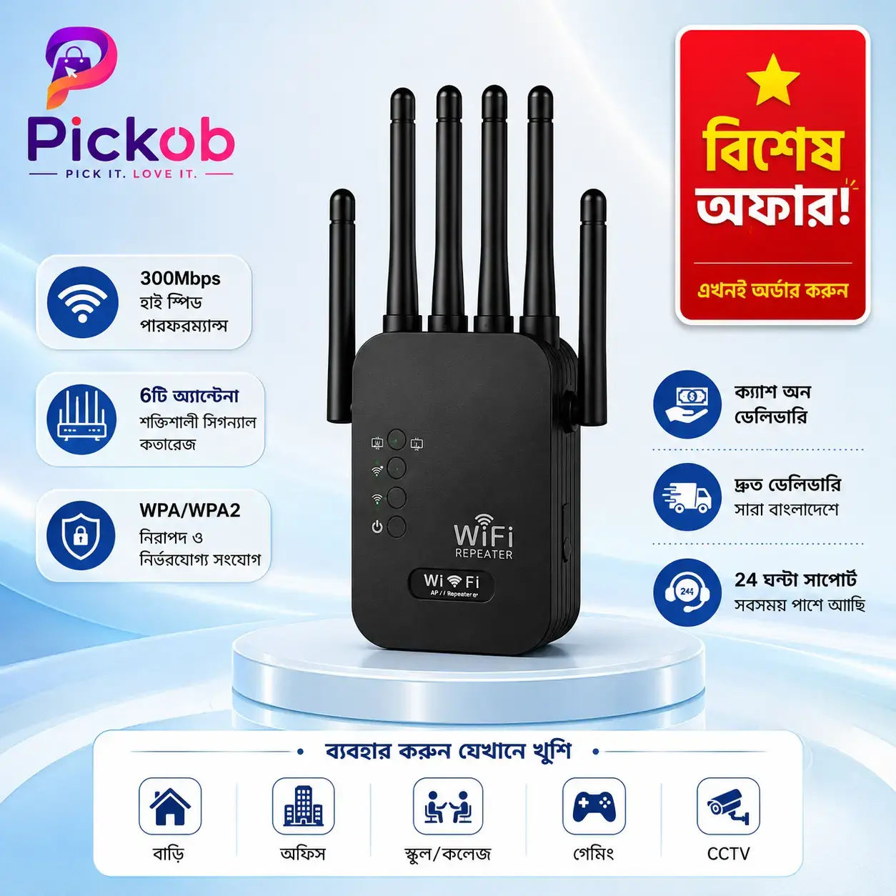 6-Antenna Wi-Fi Repeater 300Mbps Wireless Range Extender Signal Booster (Black)