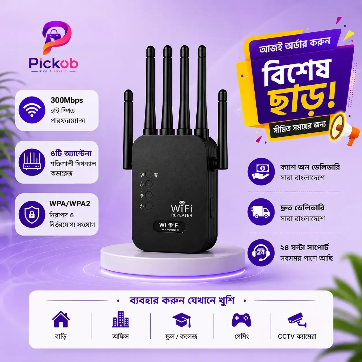 300Mbps 6-Antenna Wi-Fi Range Extender | Powerful Wireless Signal Booster (Black)