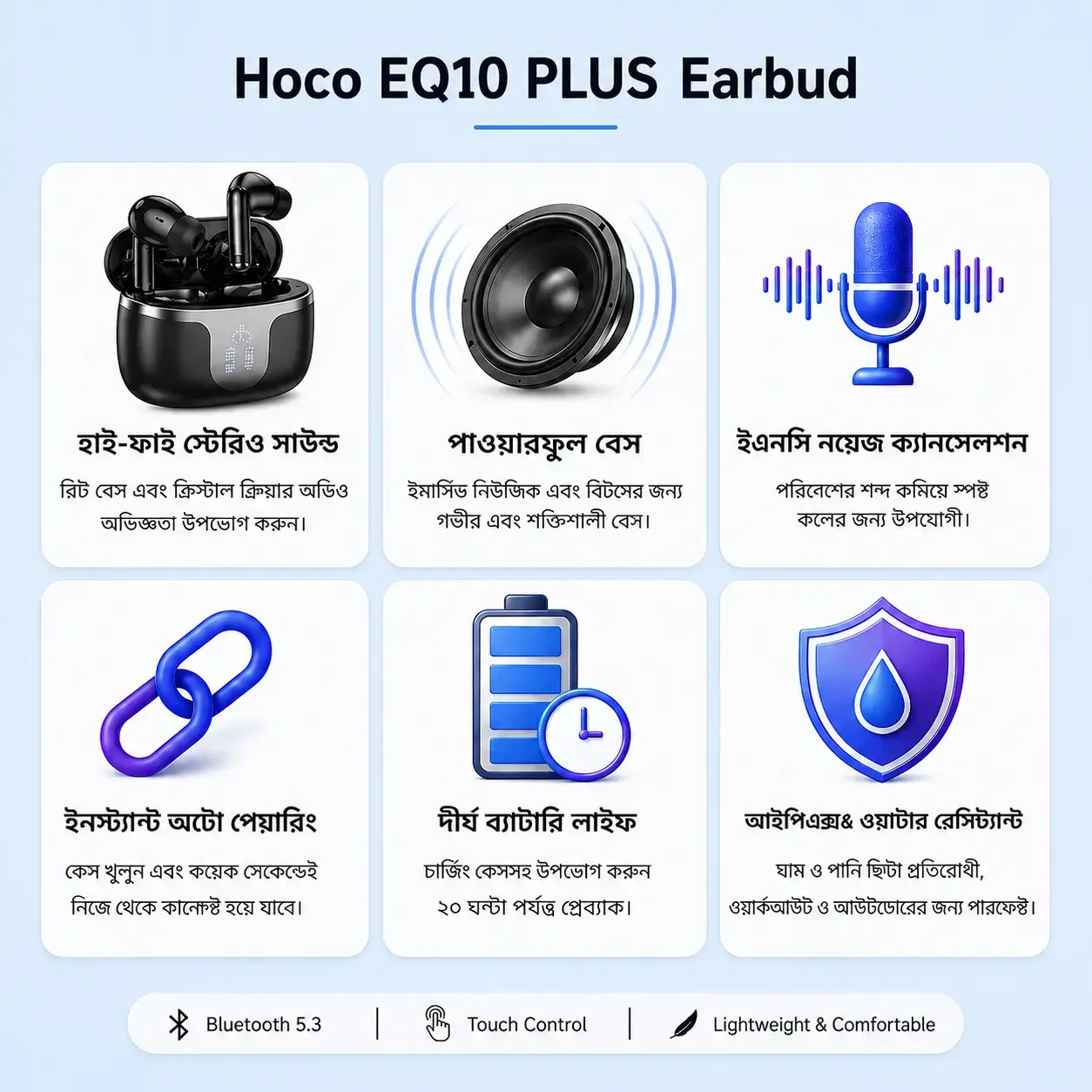 HOCO EQ10 Plus ANC+ENC True Wireless Bluetooth Earbuds | Bluetooth 5.4 | 13mm Hi-Fi Driver | LED Display 2