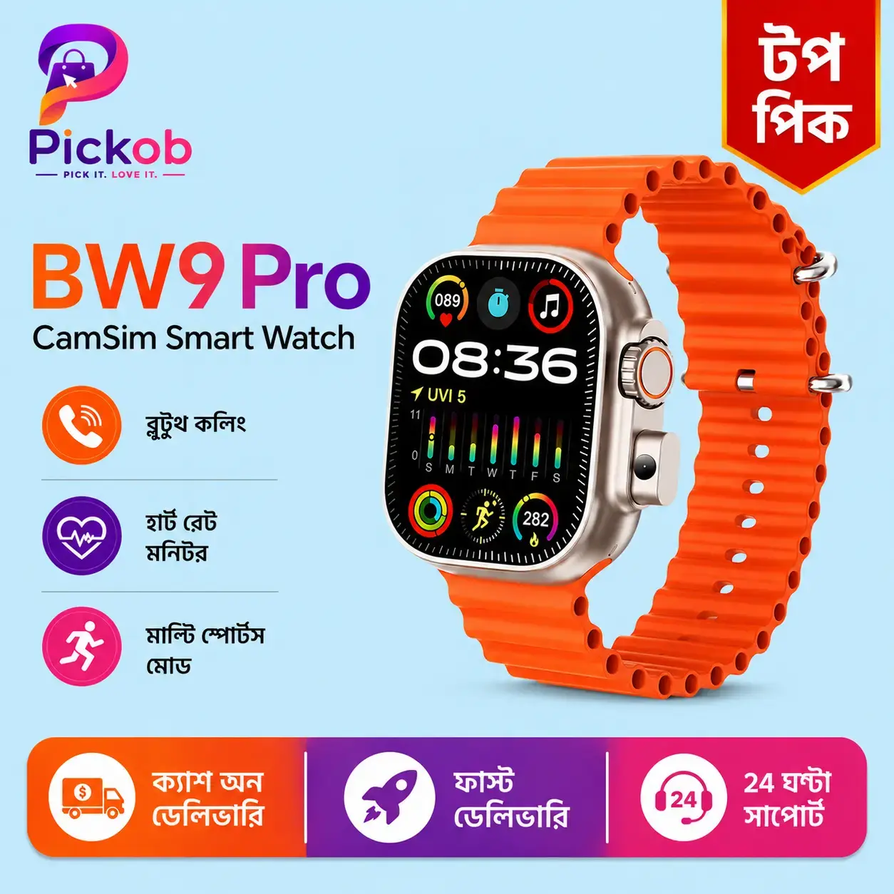 BW9 Pro CamSim Smart Watch – Bluetooth Calling | HD Full Touch Display | Health & Fitness Tracker