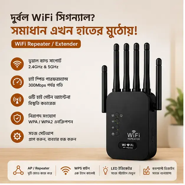 300Mbps 6-Antenna Wireless Wi-Fi Range Extender | High Power Signal Booster & Repeater (Black) 4