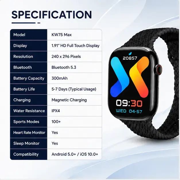 KEQIWEAR KW75 Max Smart Watch – HD Touch Display | Bluetooth Calling | Wireless Charging | 3 Strap Edition 4
