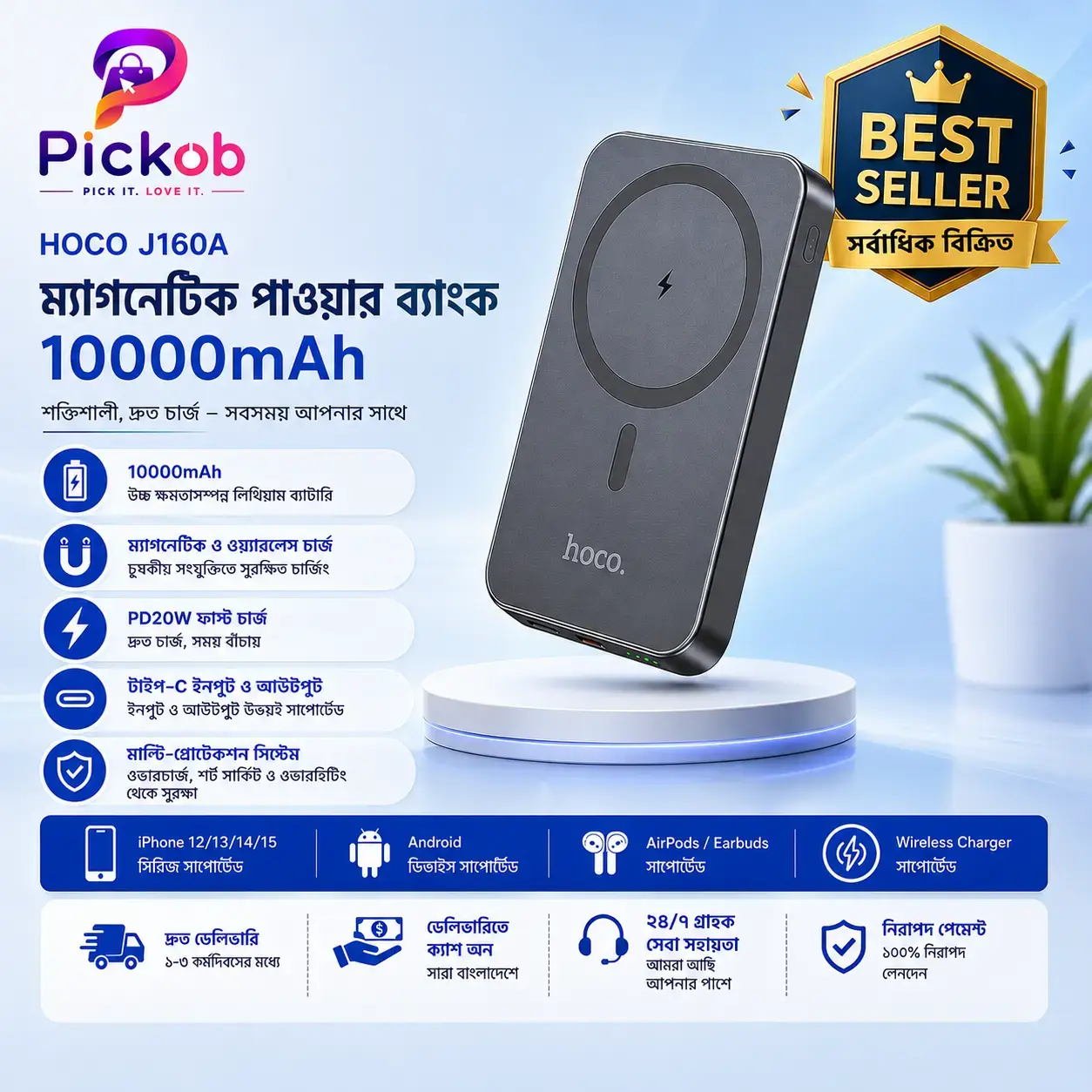 Hoco J160A Original 10000mAh PD 20W Magnetic Wireless Fast Charging Power Bank