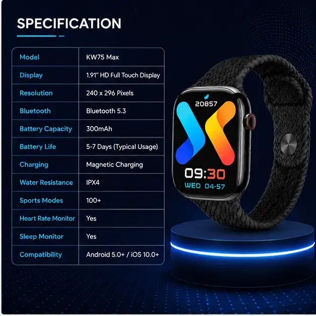 KEQIWEAR KW75 Max Wireless Smart Watch – Bluetooth Calling | Fitness Tracker | Premium HD Display 4