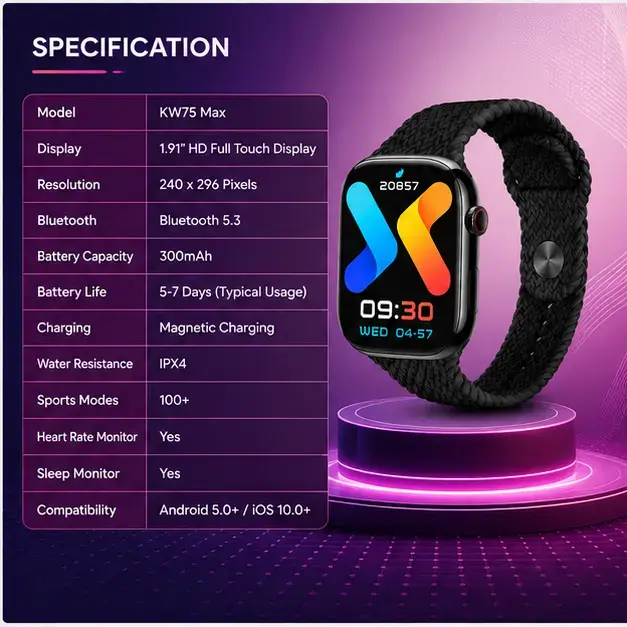 KEQIWEAR KW75 Max Premium Bluetooth Smart Watch – Wireless Charging | HD Display | Smart Fitness Watch 4
