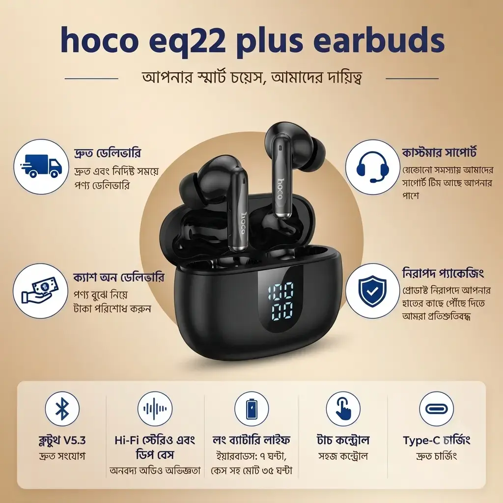 HOCO EQ22 PLUS True Wireless Bluetooth Earbuds with ENC Noise Reduction, Bluetooth 5.4 & LED Display Charging Case 3