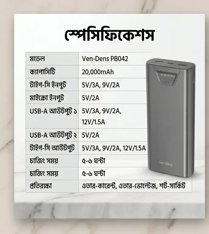 VEN-DENS PB042 20000mAh Fast Charging Power Bank with Dual USB & Type-C Input 4