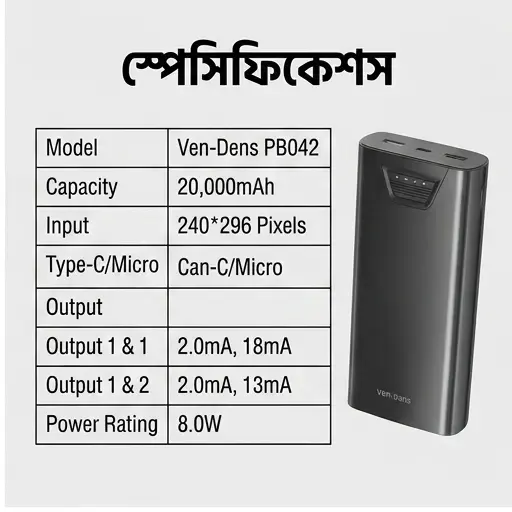 VEN-DENS PB042 20000mAh Portable Fast Charging Power Bank | Dual USB Output 3