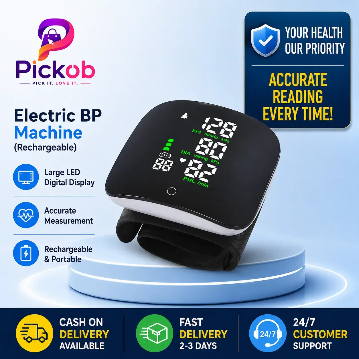 Smart Digital Wrist Blood Pressure Monitor Automatic BP Machine with Heart Rate Detection & Memory Function