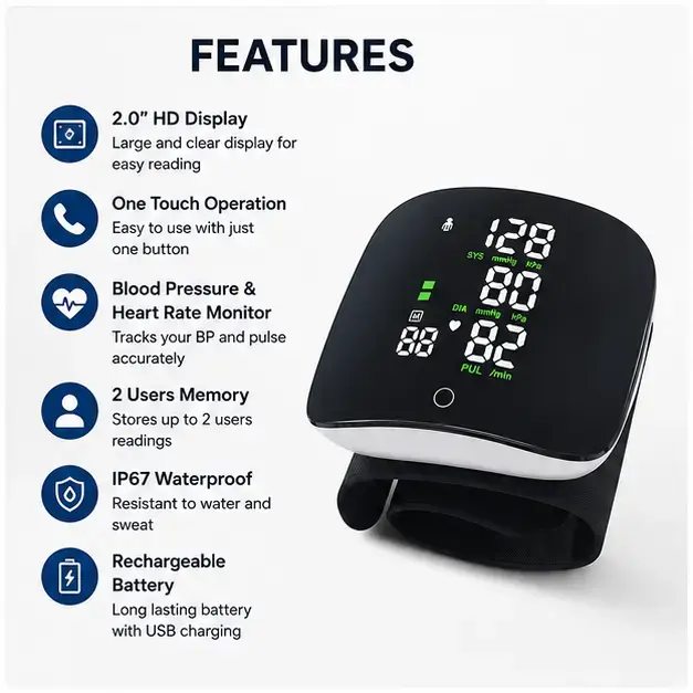 Smart Digital Wrist Blood Pressure Monitor Automatic BP Machine with Heart Rate Detection & Memory Function 4