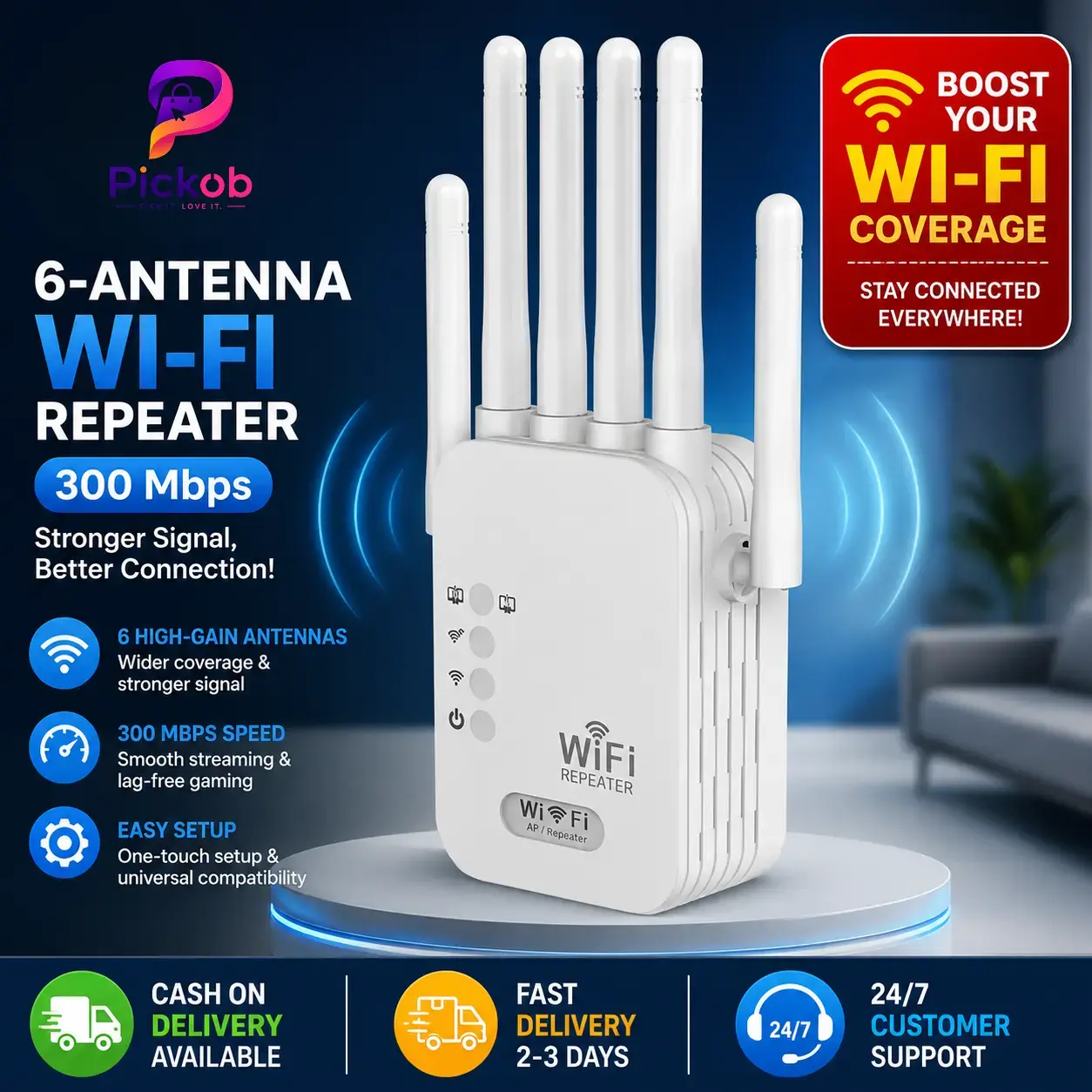 6-Antenna Wi-Fi Repeater (300 Mbps) High-Speed Wireless Signal Booster with WPS, LAN Port & Wide Coverage