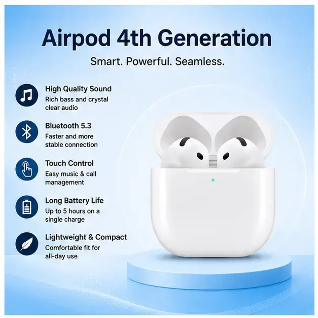 Apple AirPods 4th Generation Wireless Bluetooth Earbuds with USB-C Charging Case, Rich Audio  3