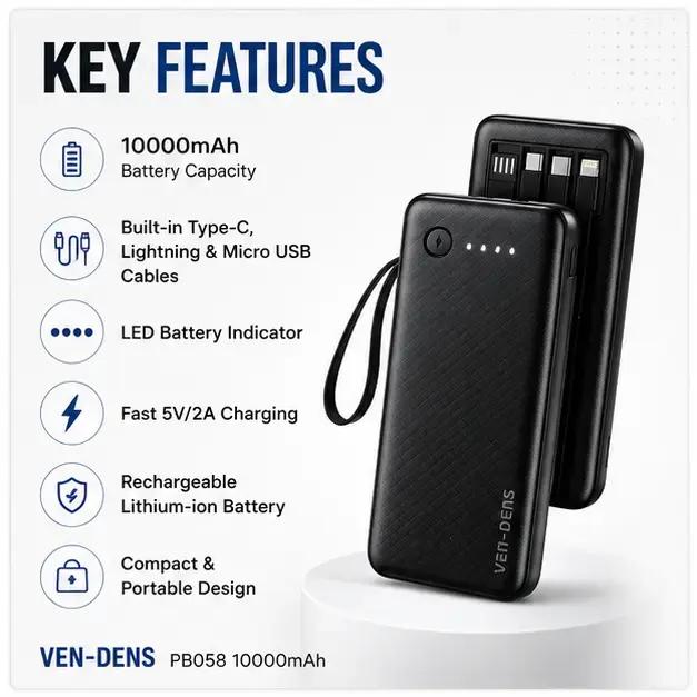 VEN-DENS VD-PB058 10000mAh 22.5W Fast Charging Power Bank with Built-in Cables & Digital Display 4