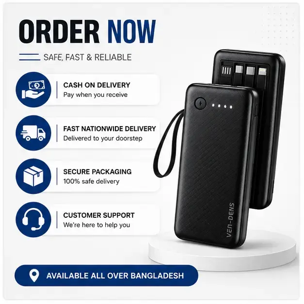 VEN-DENS VD-PB058 10000mAh 22.5W Fast Charging Power Bank with Built-in Cables & Digital Display 5