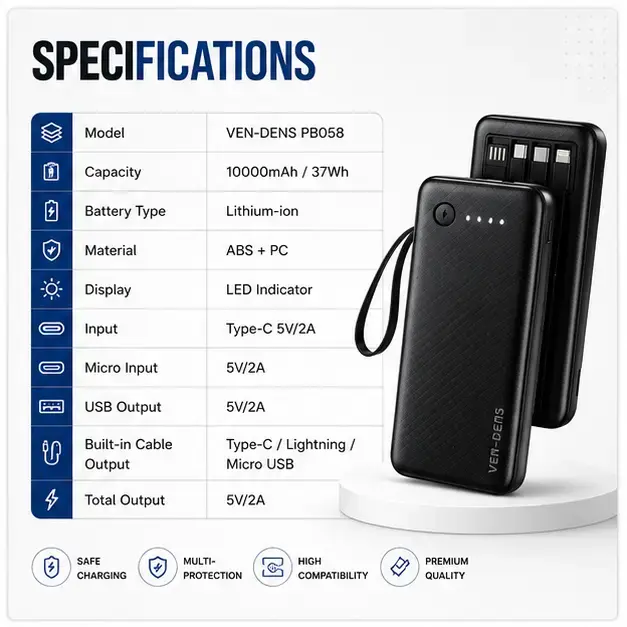 VEN-DENS VD-PB058 10000mAh 22.5W Fast Charging Power Bank with Built-in Cables & Digital Display 3