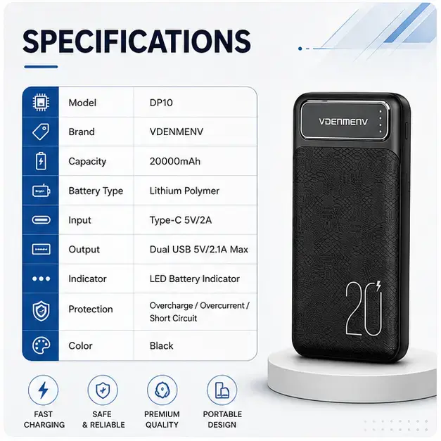 VDENMENV DP10 20000mAh Dual USB & Type-C Portable Power Bank 4