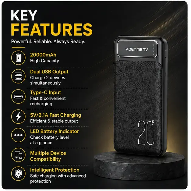 VDENMENV DP10 20000mAh Dual USB & Type-C Portable Power Bank 3