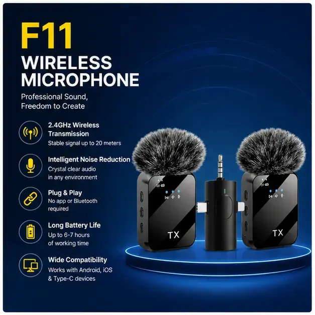 F11-2 Dual Wireless Clip Microphone with Smart Noise Cancellation & Type-C Receiver  3