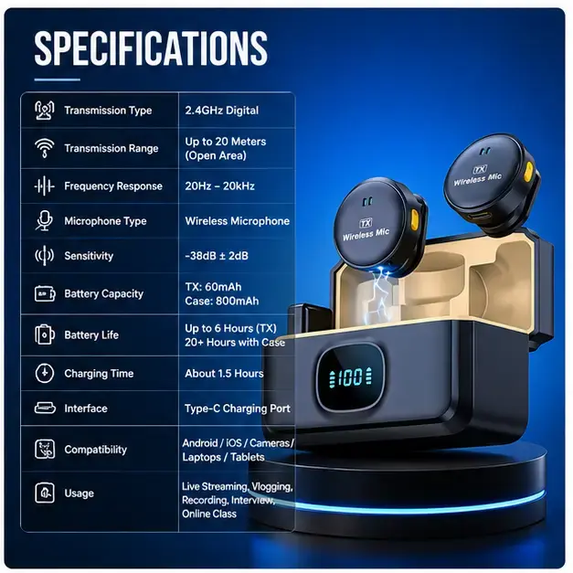 Q8 Wireless Microphone for iPhone – Dual Noise Reduction Lavalier Mic with Charging Case 3