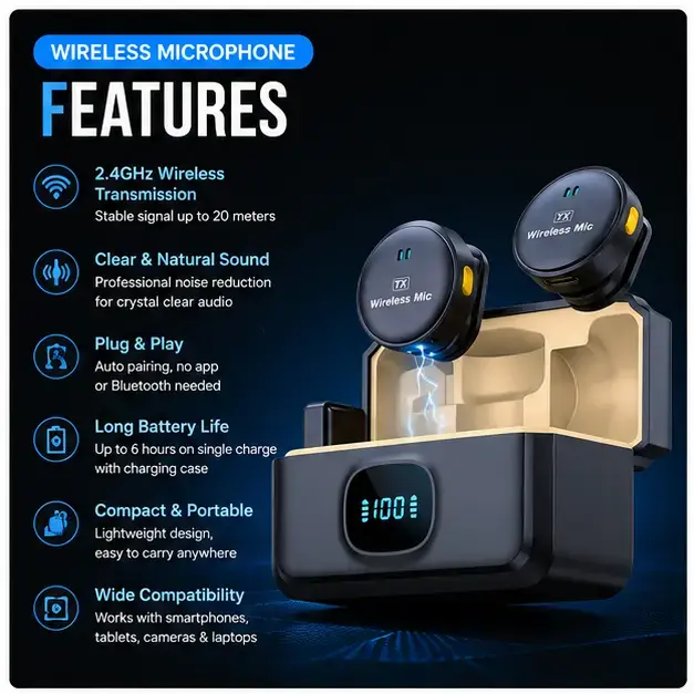 Q8 Wireless Microphone for iPhone – Dual Noise Reduction Lavalier Mic with Charging Case 4
