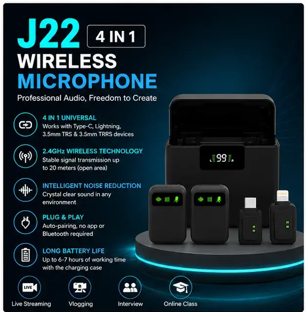 J22 4-in-1 Professional Wireless Lavalier Microphone with Universal Receiver 3
