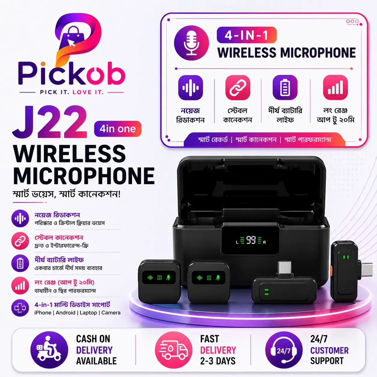 J22 Universal 4-in-1 Wireless Clip-on Microphone – Noise Cancelling Lavalier Mic 