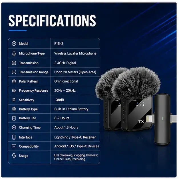 F15-2 Wireless Microphone Dual Channel Noise Reduction Professional Lavalier Microphone  3