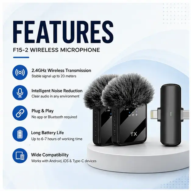 F15-2 Wireless Microphone Dual Channel Noise Reduction Professional Lavalier Microphone  4