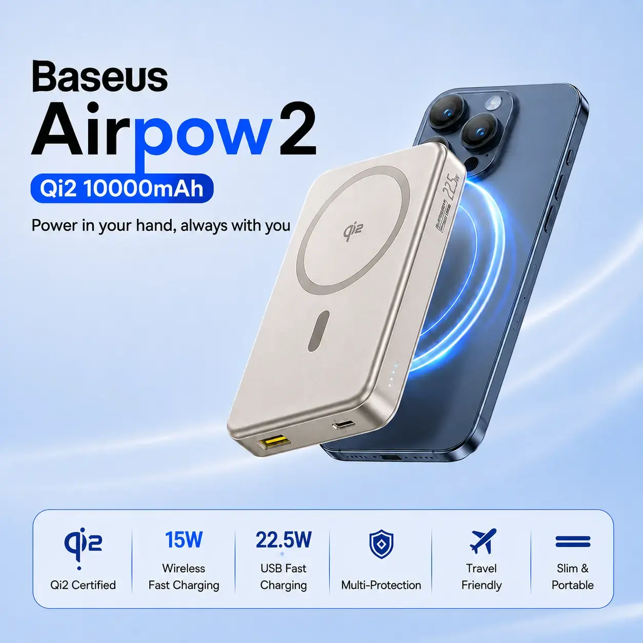 Baseus Qi2 Magnetic Power Bank 22.5W 10000mAh Fast Charging Portable Wireless Power Bank  3