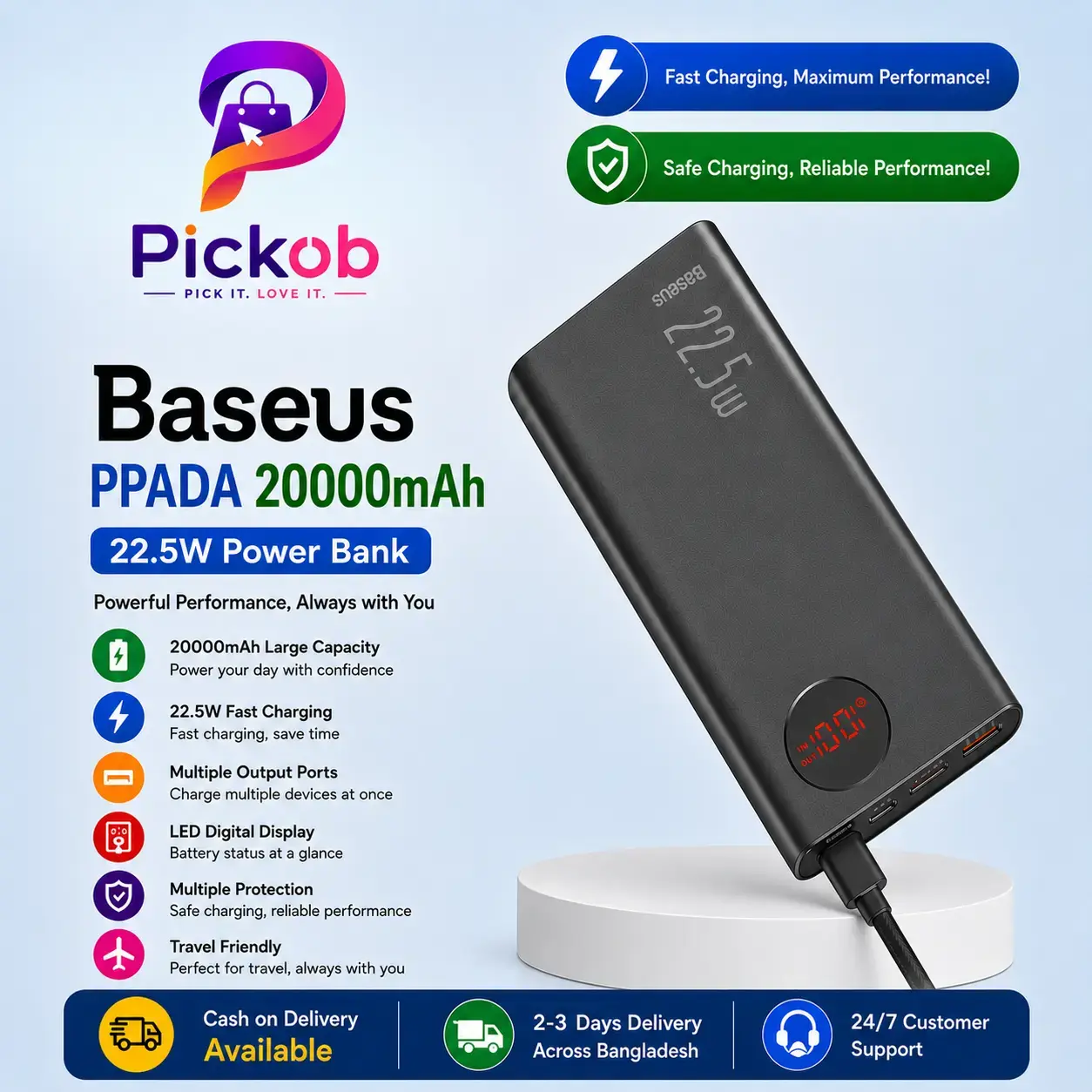 Baseus PPADA 20000mAh 22.5W Fast Charging Power Bank with Dual USB & USB-C Portable Battery Charger
