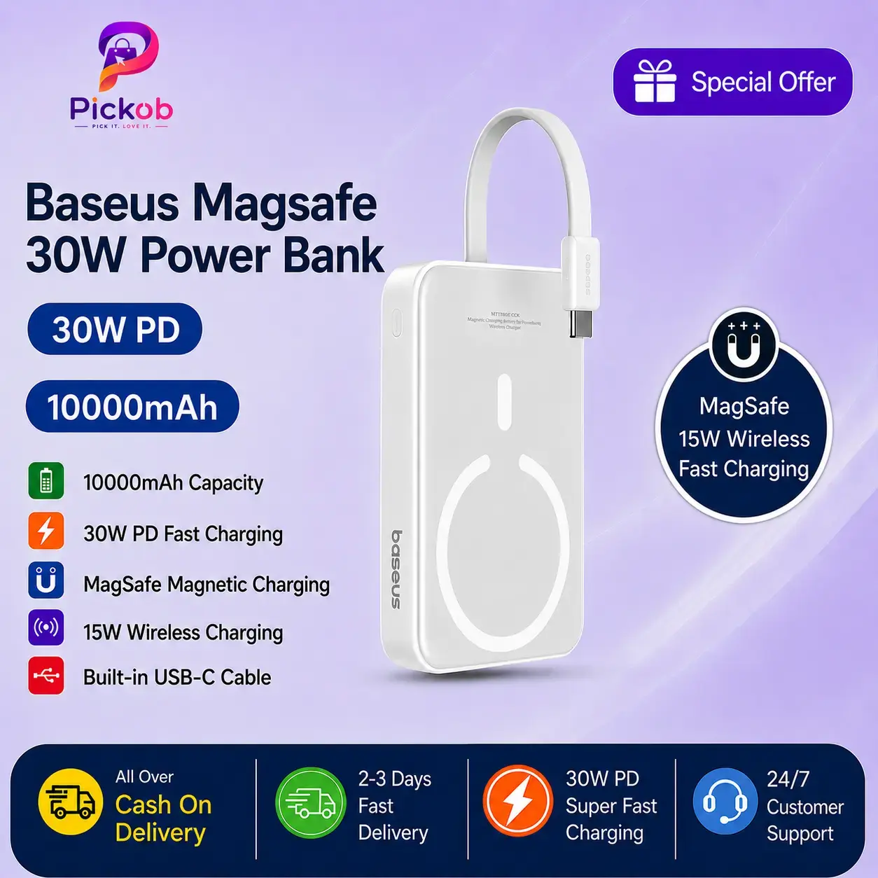 Baseus MagSafe 30W 10000mAh Fast Charging Magnetic Power Bank with Built-in USB-C Cable