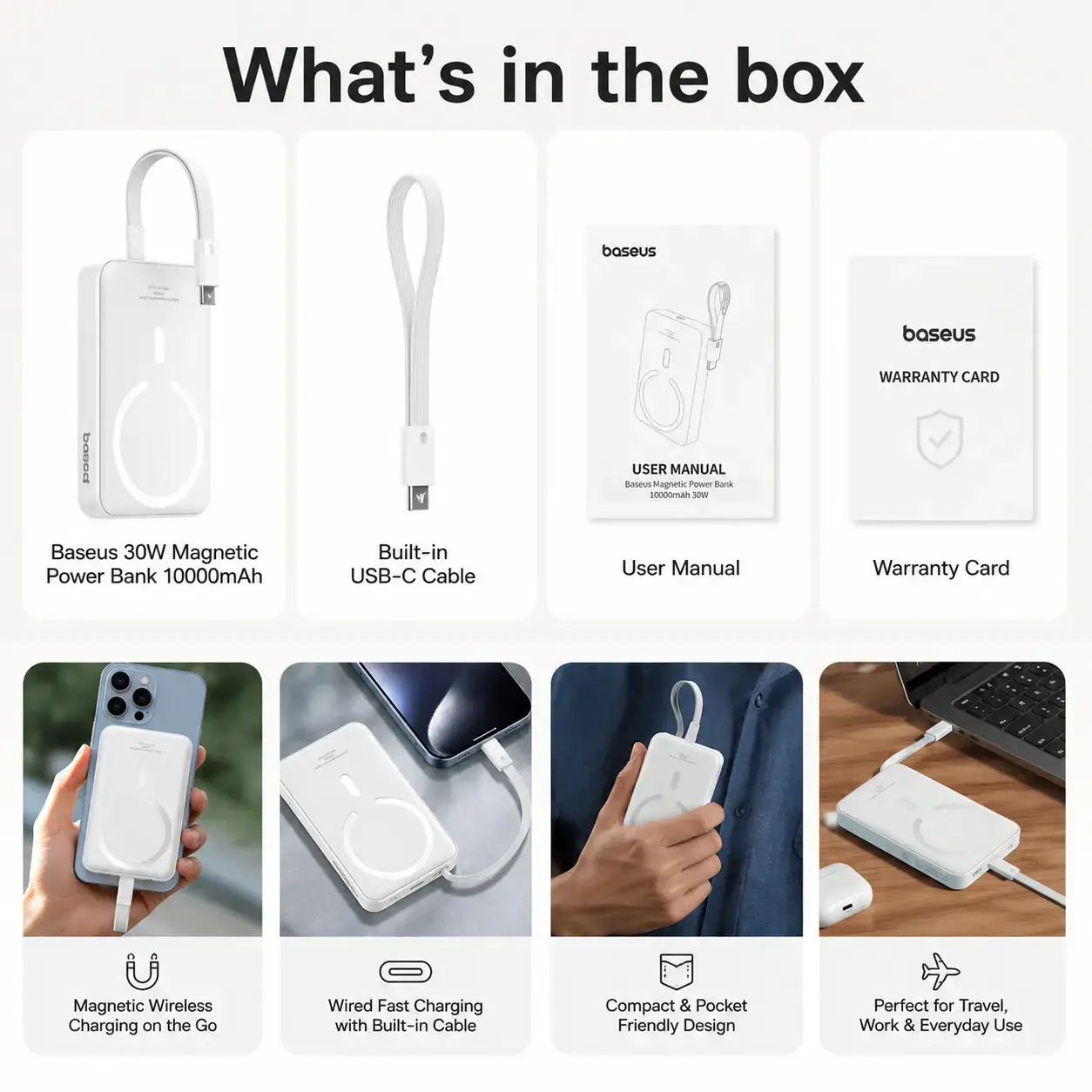 Baseus MagSafe 30W 10000mAh Fast Charging Magnetic Power Bank with Built-in USB-C Cable 5