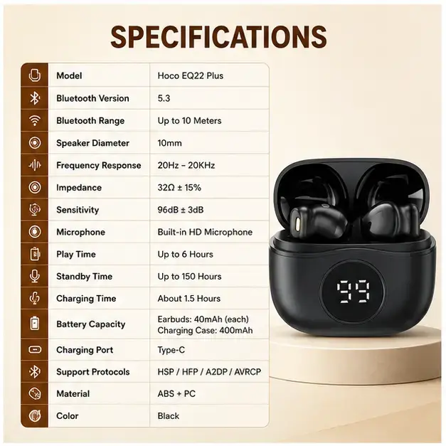 Hoco EQ22 PLUS True Wireless Earbuds | Bluetooth 5.4 TWS Earphones 4