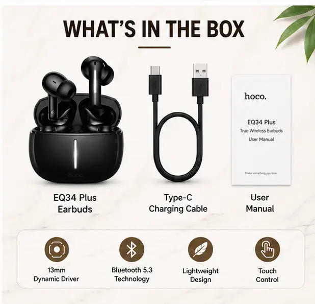 HOCO EQ34 PLUS True Wireless Bluetooth Earbuds | ENC Noise Reduction | Hi-Fi Stereo Sound  5