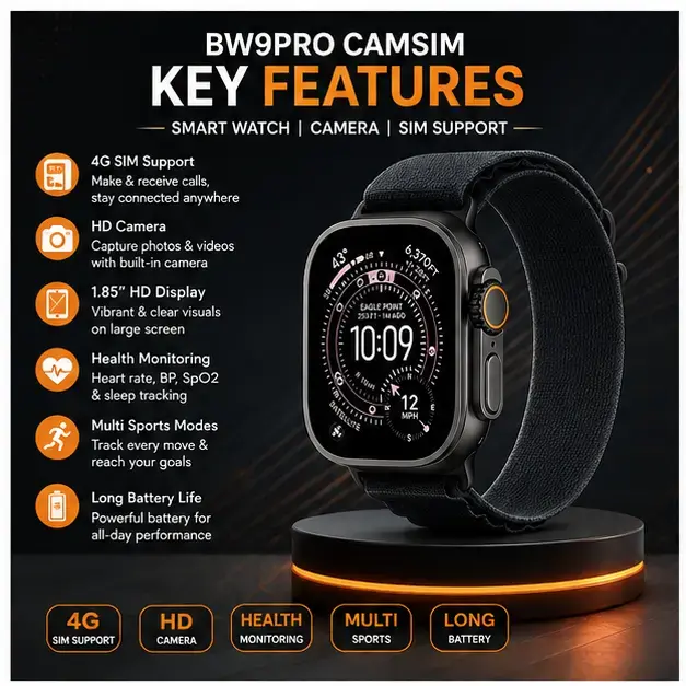 BW9 Pro CamSIM Smart Watch with 4G SIM Support, Camera & Bluetooth Calling 4