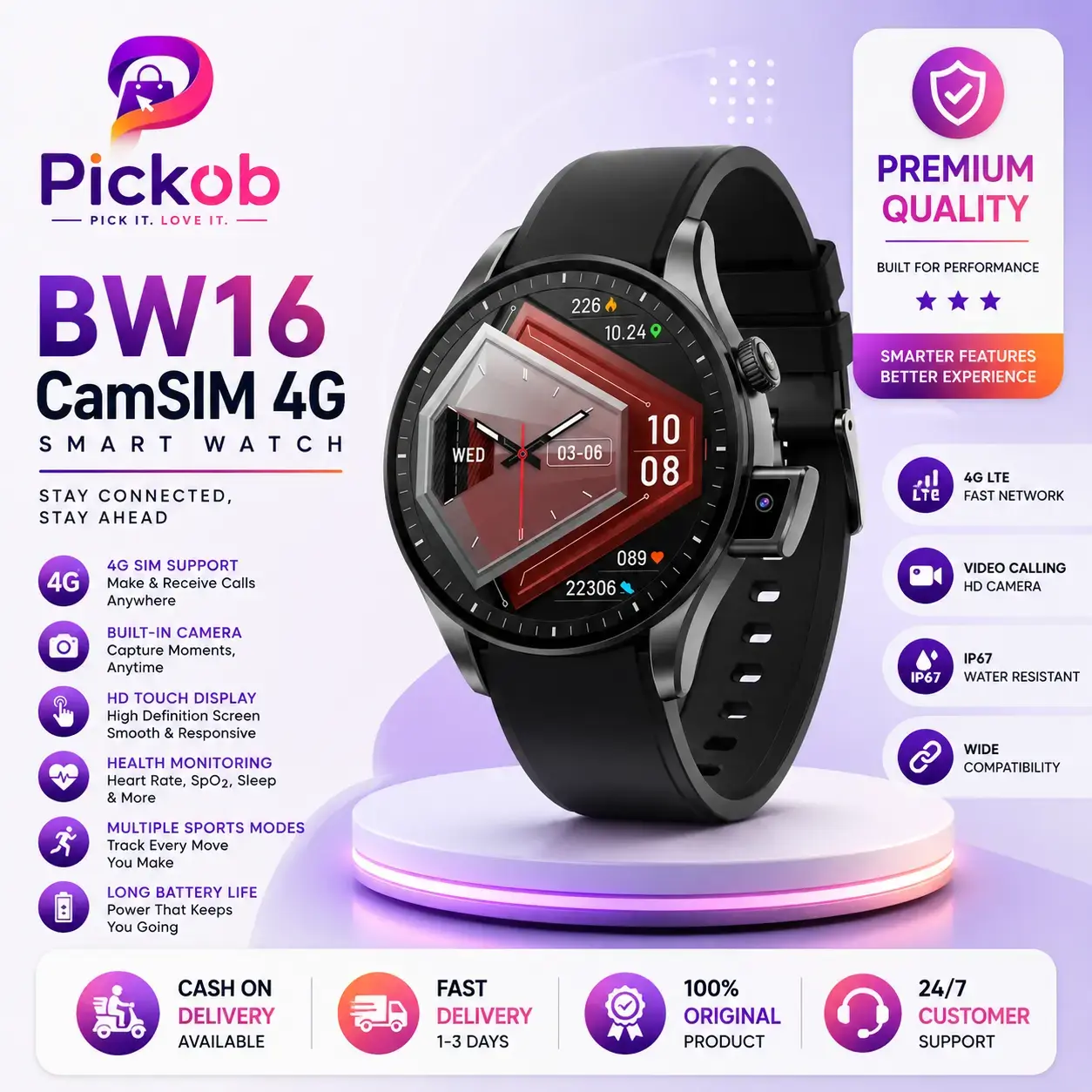 BW16 CamSim Watch SIM Support Smartwatch with Camera, Bluetooth Calling & 70+ Sports Modes