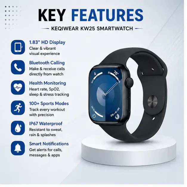 KEQIWEAR KW25 Max Smart Watch – 1.91” HD Display, Bluetooth Calling, 100+ Sports Modes, Multi Strap Smartwatch 4