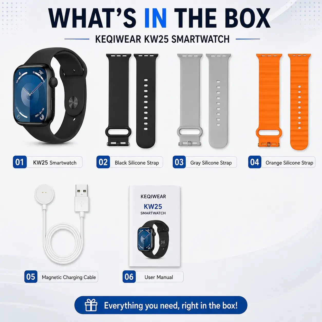 KEQIWEAR KW25 Max Smart Watch – 1.91” HD Display, Bluetooth Calling, 100+ Sports Modes, Multi Strap Smartwatch 5