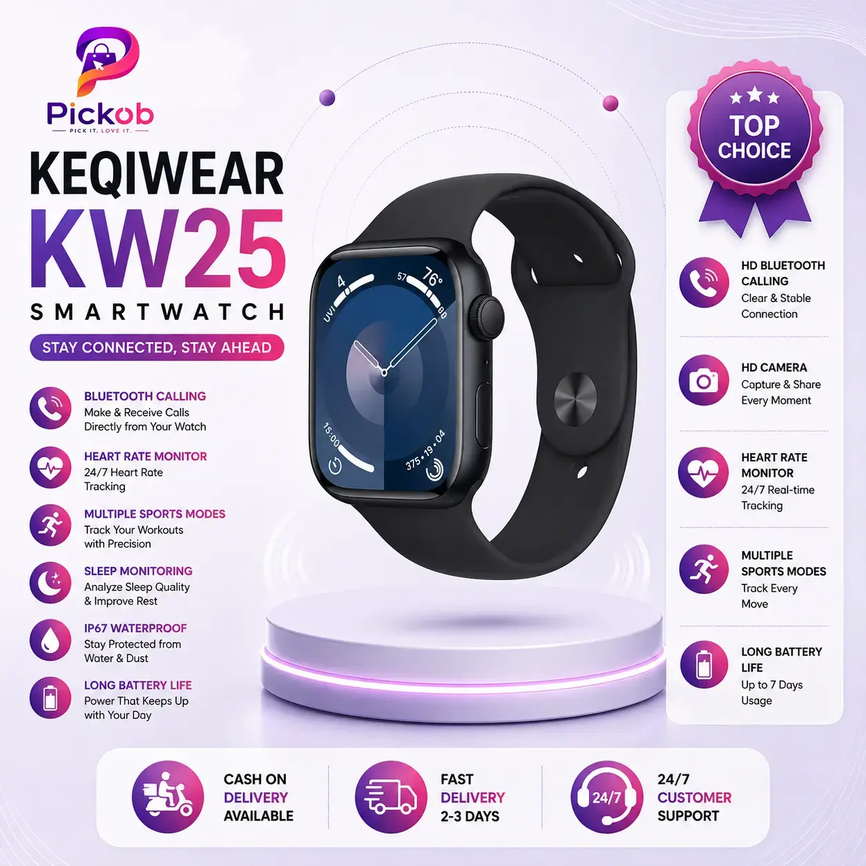 KEQIWEAR KW25 Max Smart Watch – 1.91” HD Display, Bluetooth Calling, 100+ Sports Modes, Multi Strap Smartwatch