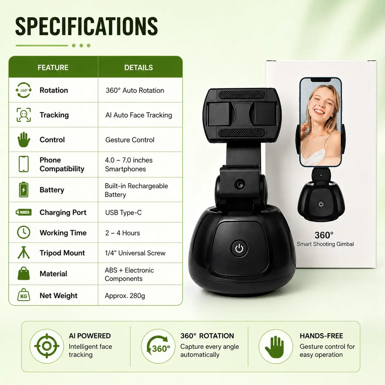  360° AI Face Tracking Holder | Smart Auto Rotation Phone Gimbal for Hands-Free Filming 4