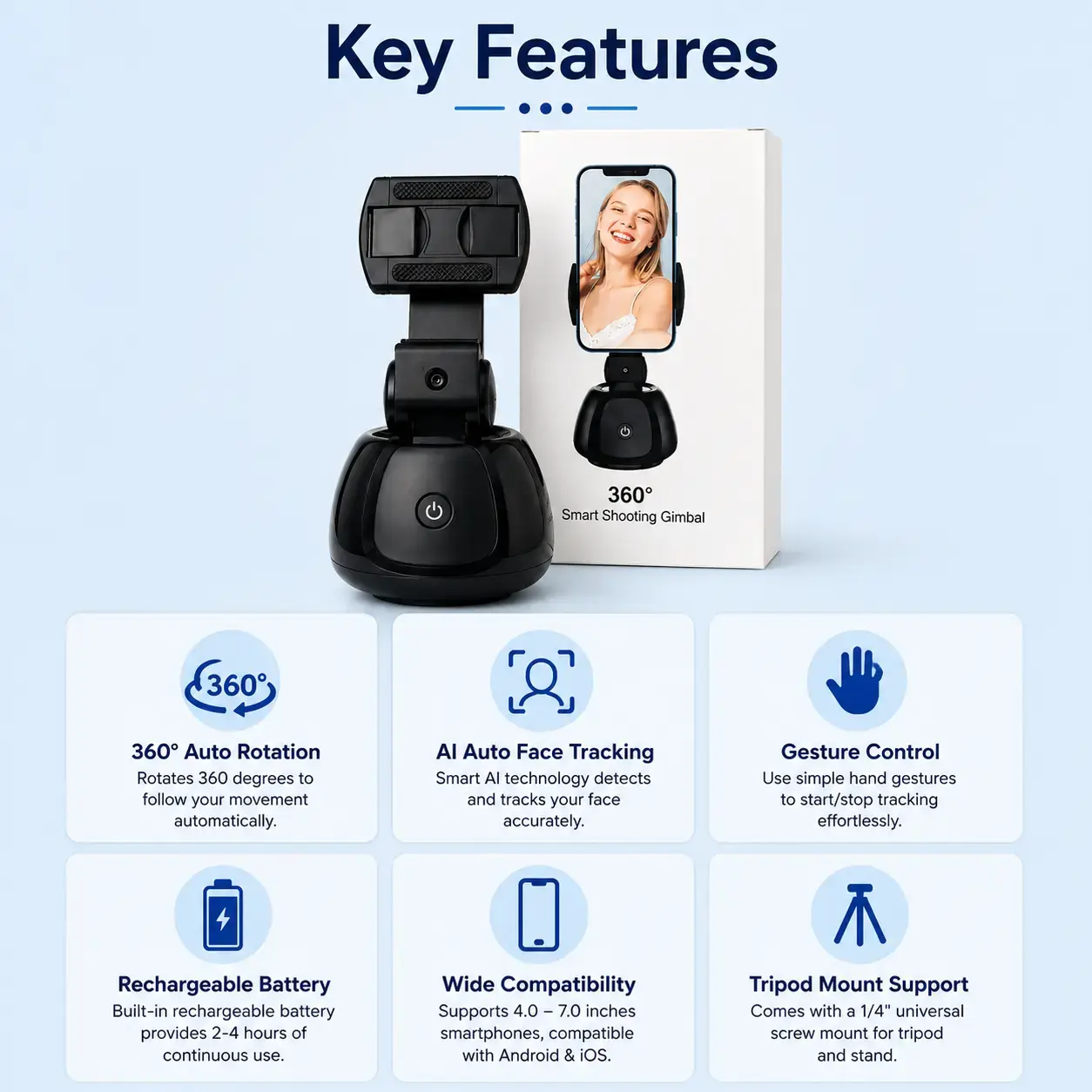  360° AI Face Tracking Holder | Smart Auto Rotation Phone Gimbal for Hands-Free Filming 3