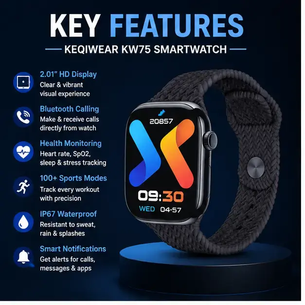 KEQIWEAR KW75 Max Smart Watch with BT Calling | Full HD Touch Display | Wireless Charging | 3 Interchangeable Straps | Premium Smartwatch 4